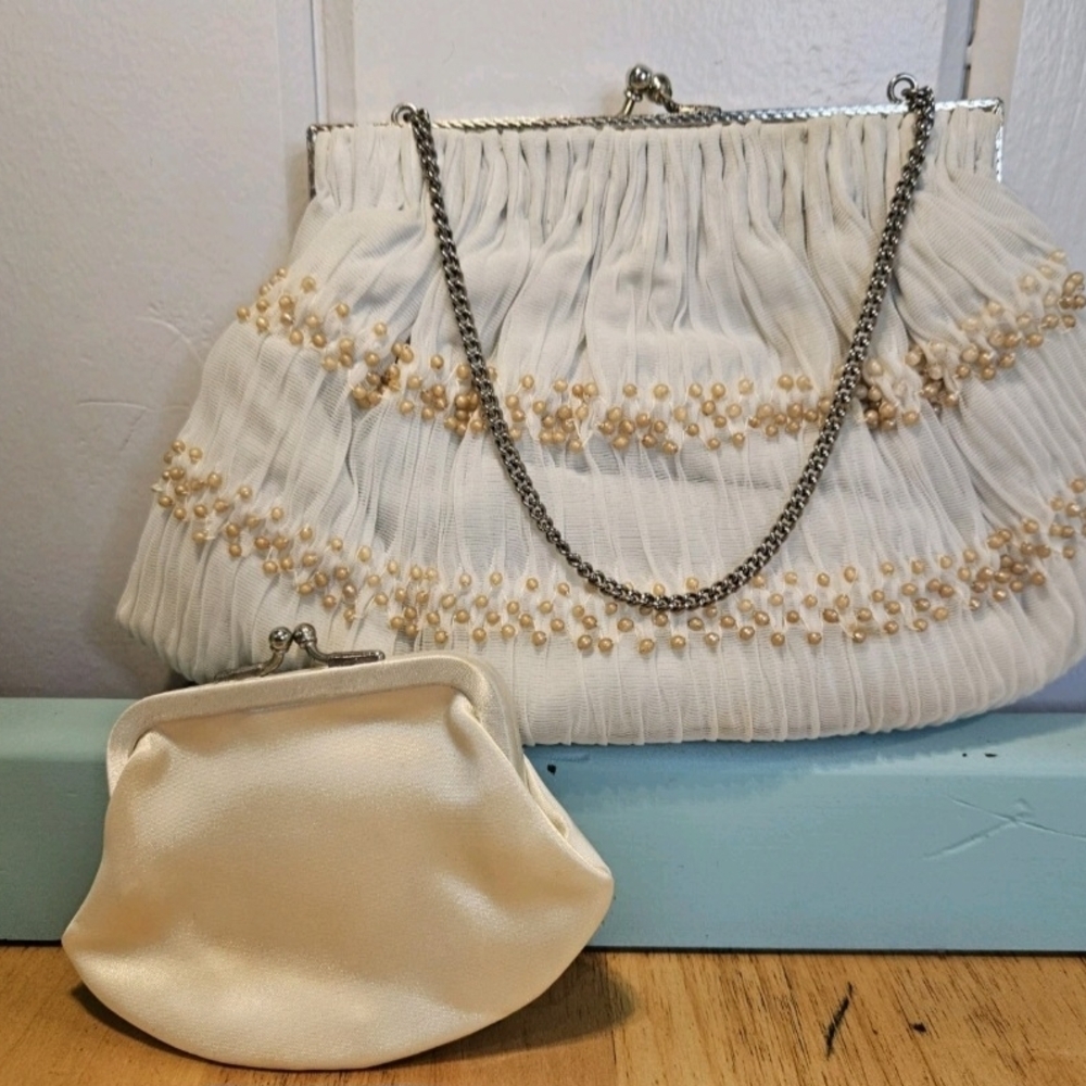 Vintage Magid White Beaded Mesh & Satin Evening Purse With Original Coin Purse